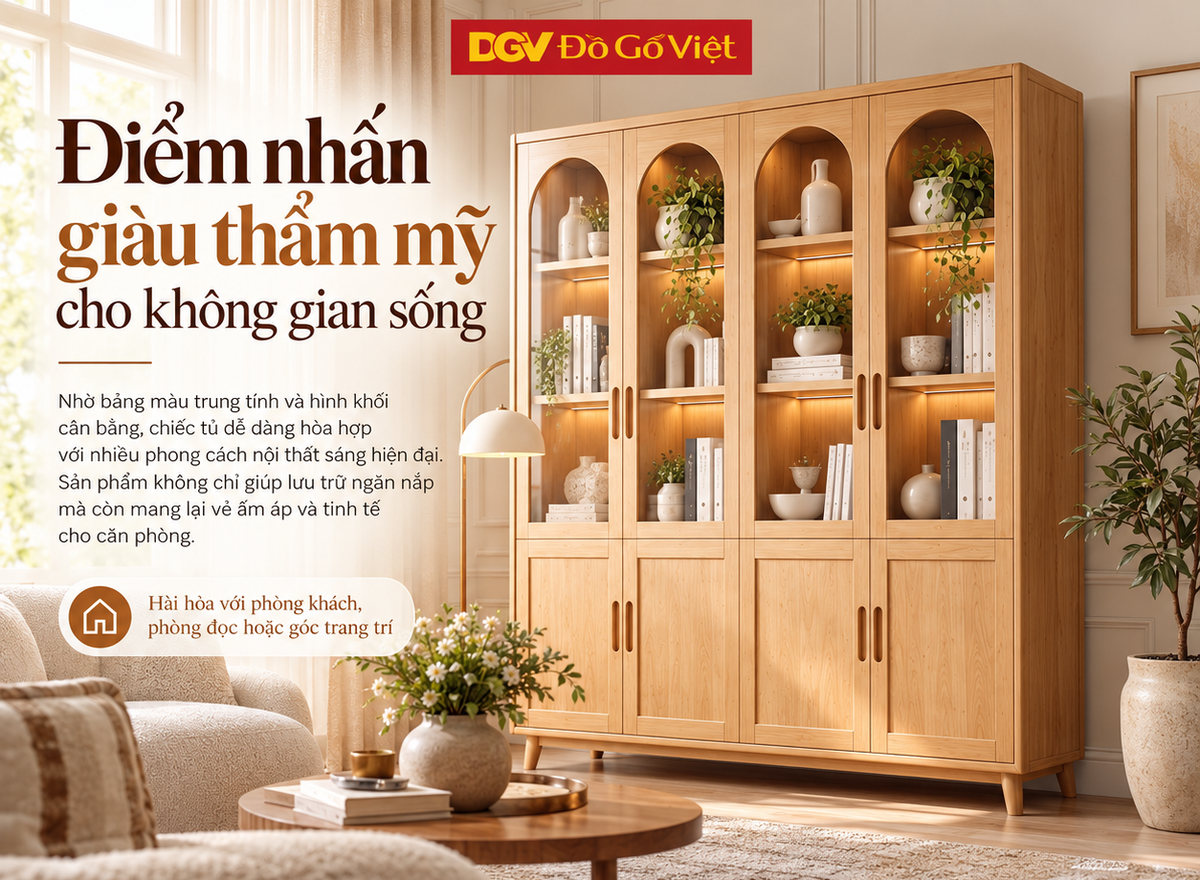 Tủ Hồ Sơ French Arch Gỗ Sồi Mỹ Chân Cao Cánh Kính Hiện Đại