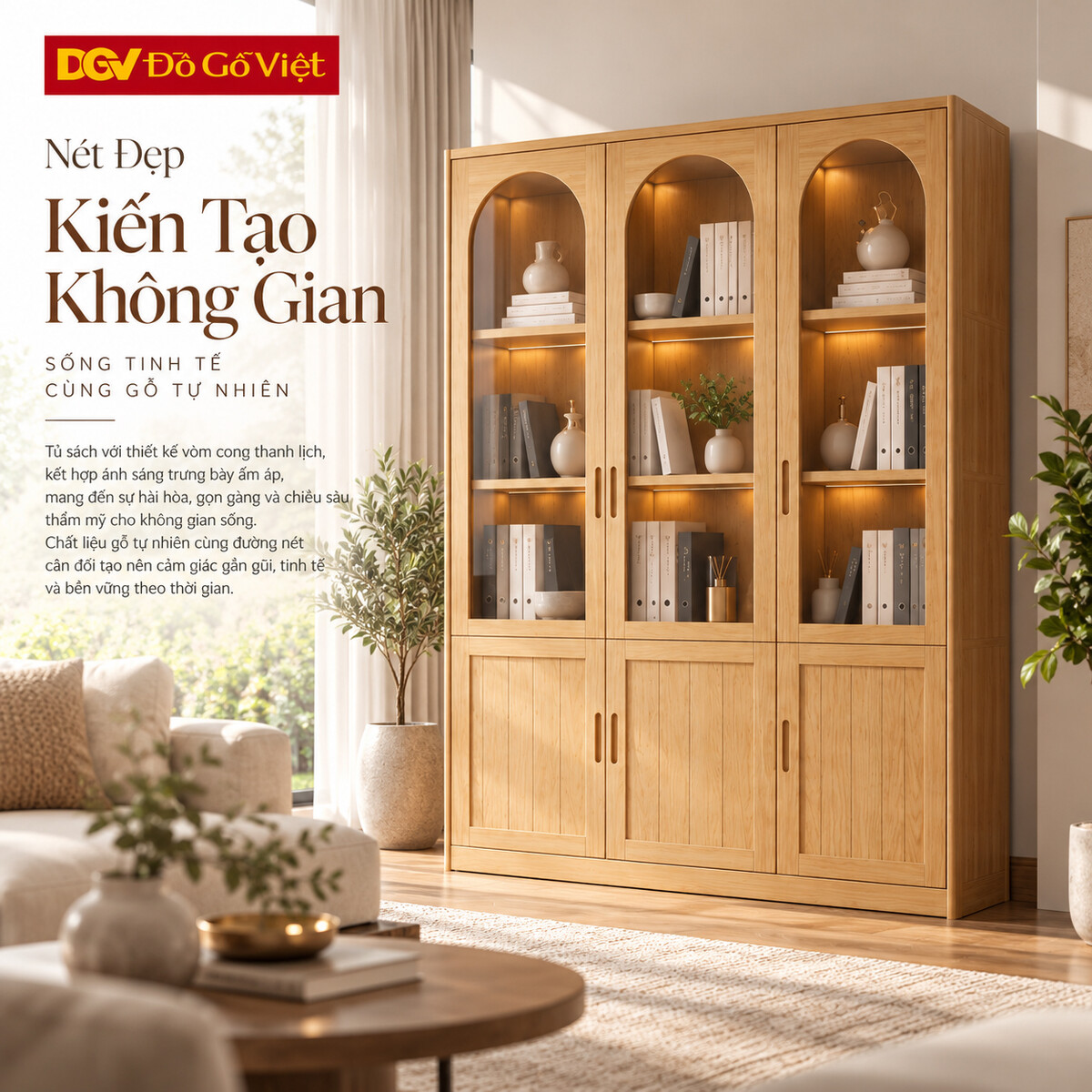 Tủ Hồ Sơ French Arch Sồi Mỹ 100% Cánh Kính Vòm Khung Nan