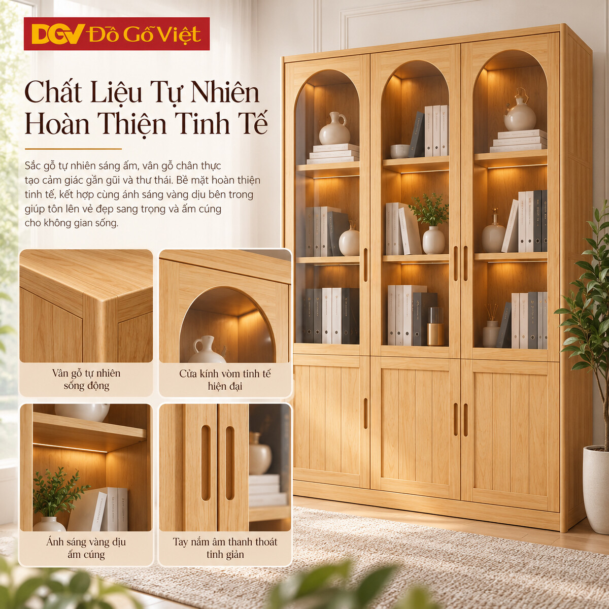 Tủ Hồ Sơ French Arch Sồi Mỹ 100% Cánh Kính Vòm Khung Nan