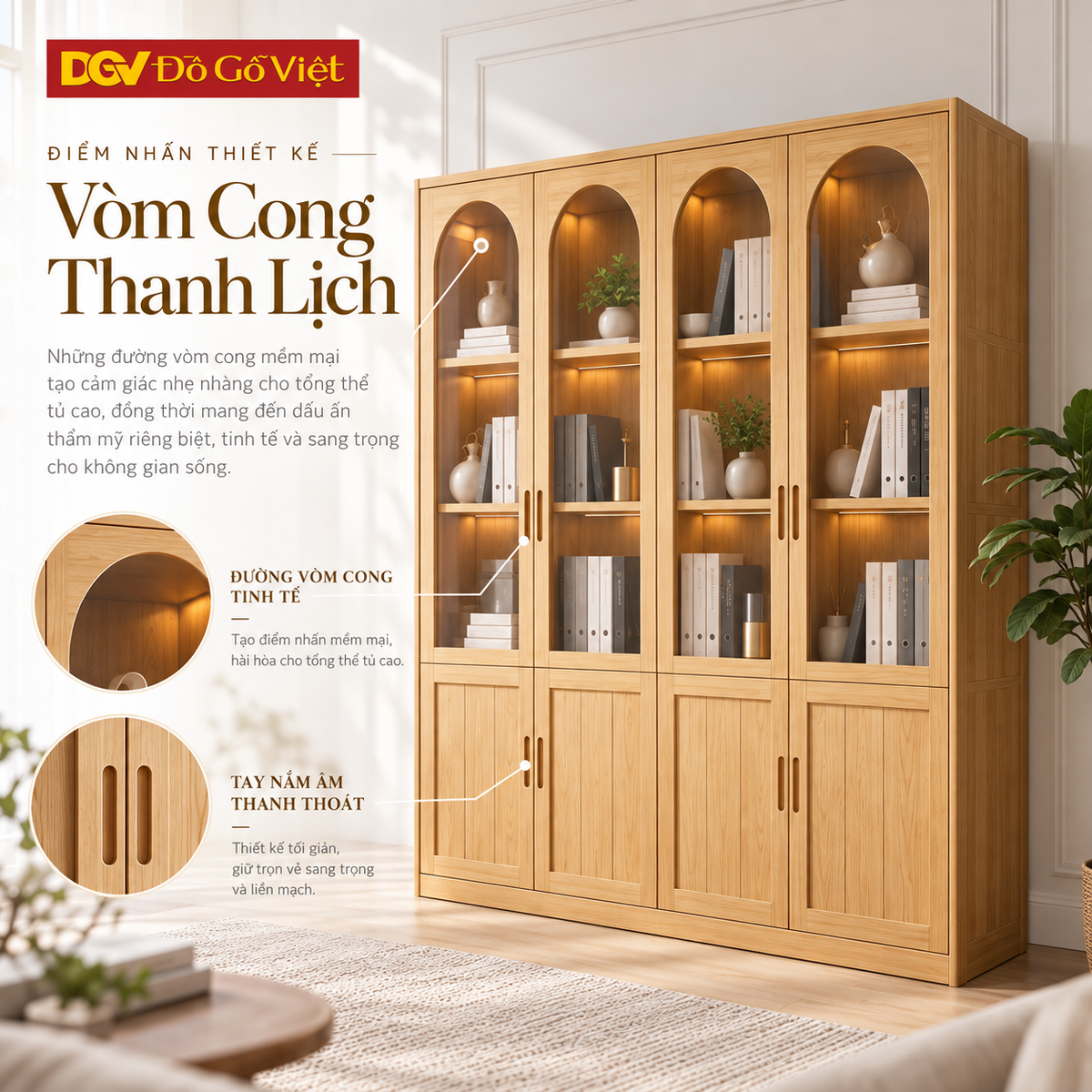 Tủ Hồ Sơ French Arch Sồi Mỹ 100% Cánh Kính Vòm Khung Nan