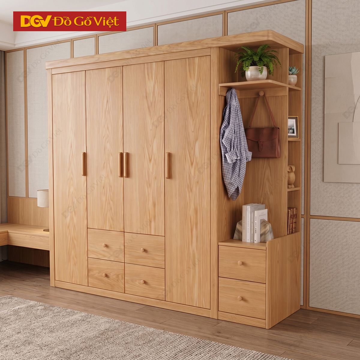 Tủ Quần Áo Vân Sồi Tự Nhiên Tích Hợp Kệ Bên Nhiều Tiện Ích