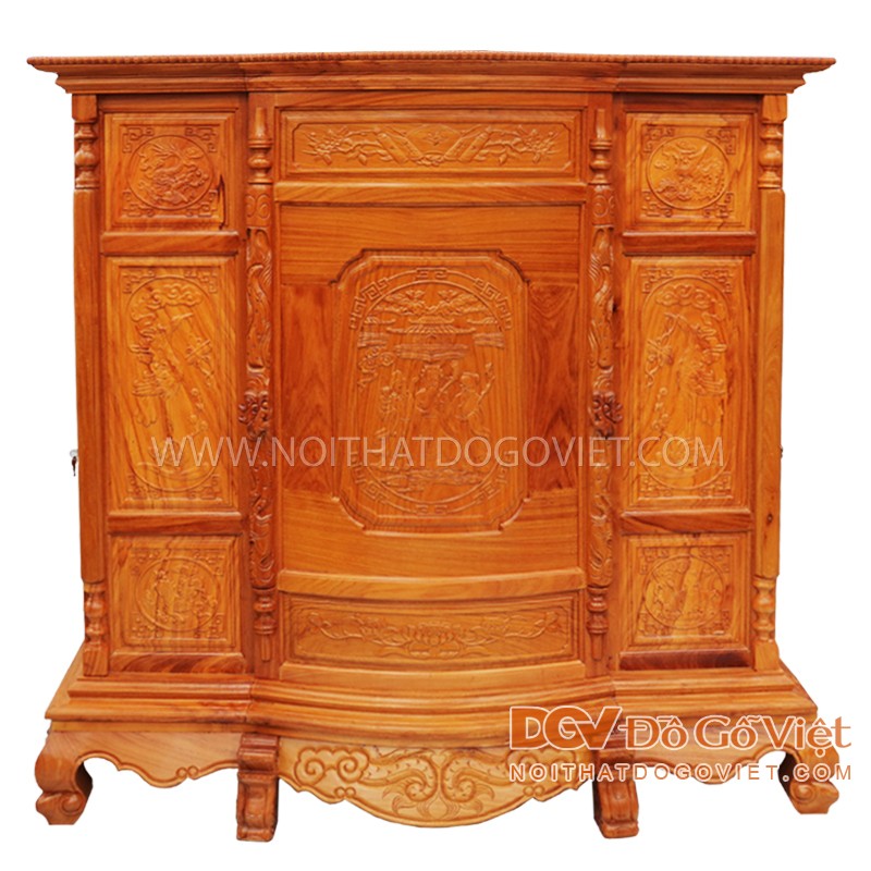 Tủ Thờ Bụng Phệ 6 Chân Gỗ Gõ Đỏ Chạm Tam Đa 1m47