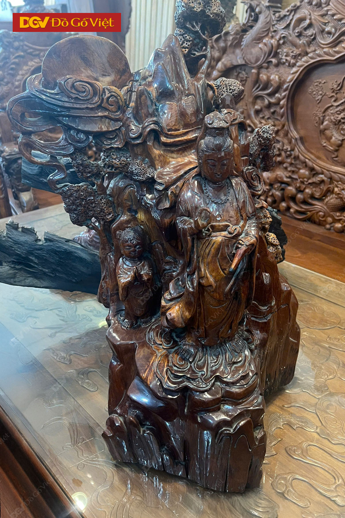 Tượng Phong Thủy Đồng Tử Bái Quan Âm Bồ Tát Gỗ Hương Việt Đẹp