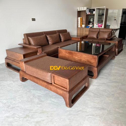 Bàn Ghế Sofa Gỗ Sồi Nga Chân Hươu 2 Văng Màu Óc Chó Đẹp