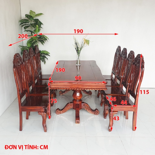 Bộ Bàn Ăn Tràm Mặt Hồng Đào Bánh Tây Cổ Điển 1m9 8 Ghế