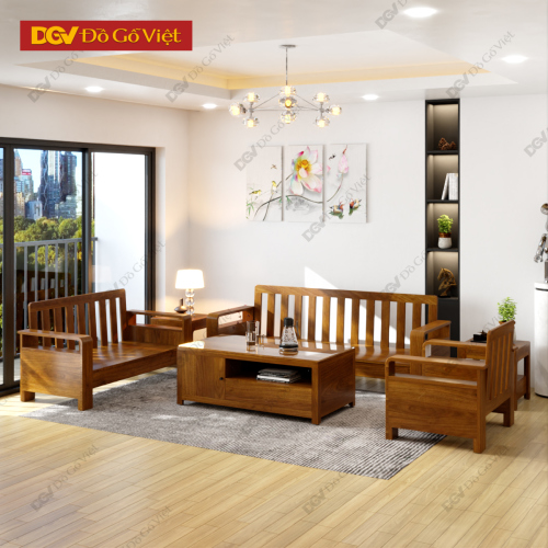 Bộ Ghế Sofa 2 Văng Lưng Nan Gỗ Tự Nhiên Màu Óc Chó