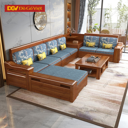 Bộ Bàn Ghế Sofa Nối Góc Gỗ Căm Xe Kiểu Cổ Điển Sang Trọng