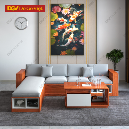 Bộ Bàn Ghế Sofa Phòng Khách Gỗ Xoan Đào Chữ L Nhỏ Gọn