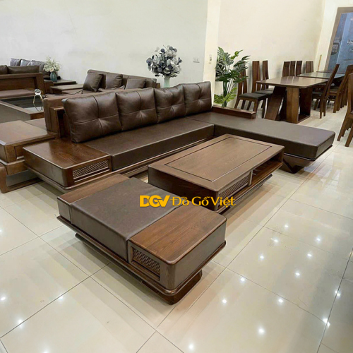 Bộ Sofa Góc Chân Thuyền Chạm Caro Màu Óc Chó Cao Cấp