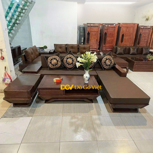 Bộ Sofa Góc Chân Thuyền Chạm Caro Màu Óc Chó Cao Cấp