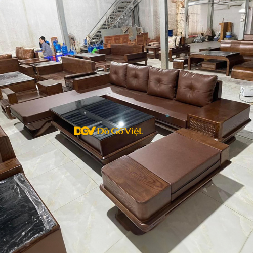 Bộ Sofa Góc Chân Thuyền Chạm Caro Màu Óc Chó Cao Cấp