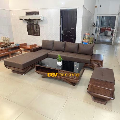 Bộ Sofa Góc Chân Thuyền Chạm Caro Màu Óc Chó Cao Cấp