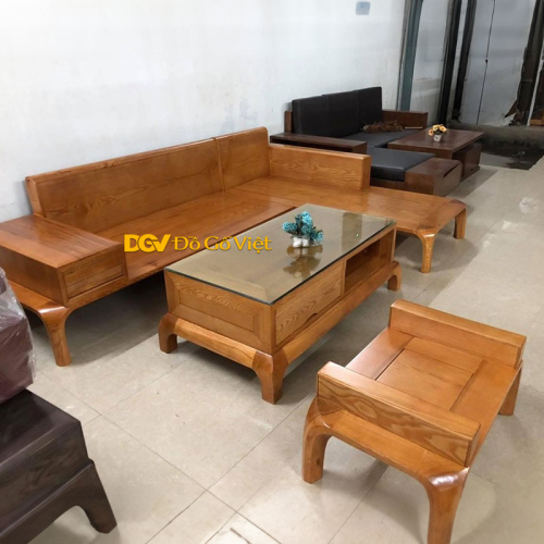 Bộ Sofa Phòng Khách Gỗ Sồi Nga Góc L Chân Cao Bo Cong Đẹp Mới 2024