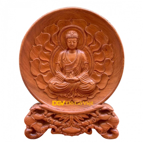 Đĩa Gỗ Mỹ Nghệ Chạm Phật Tổ Cầu Bình An Cho Gia Đình