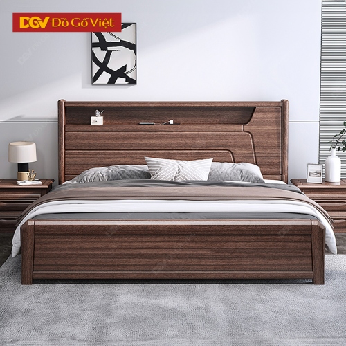 Giường Ngủ Hiện Đại Màu Óc Chó Có Kệ Đầu Giường Tiện Dụng