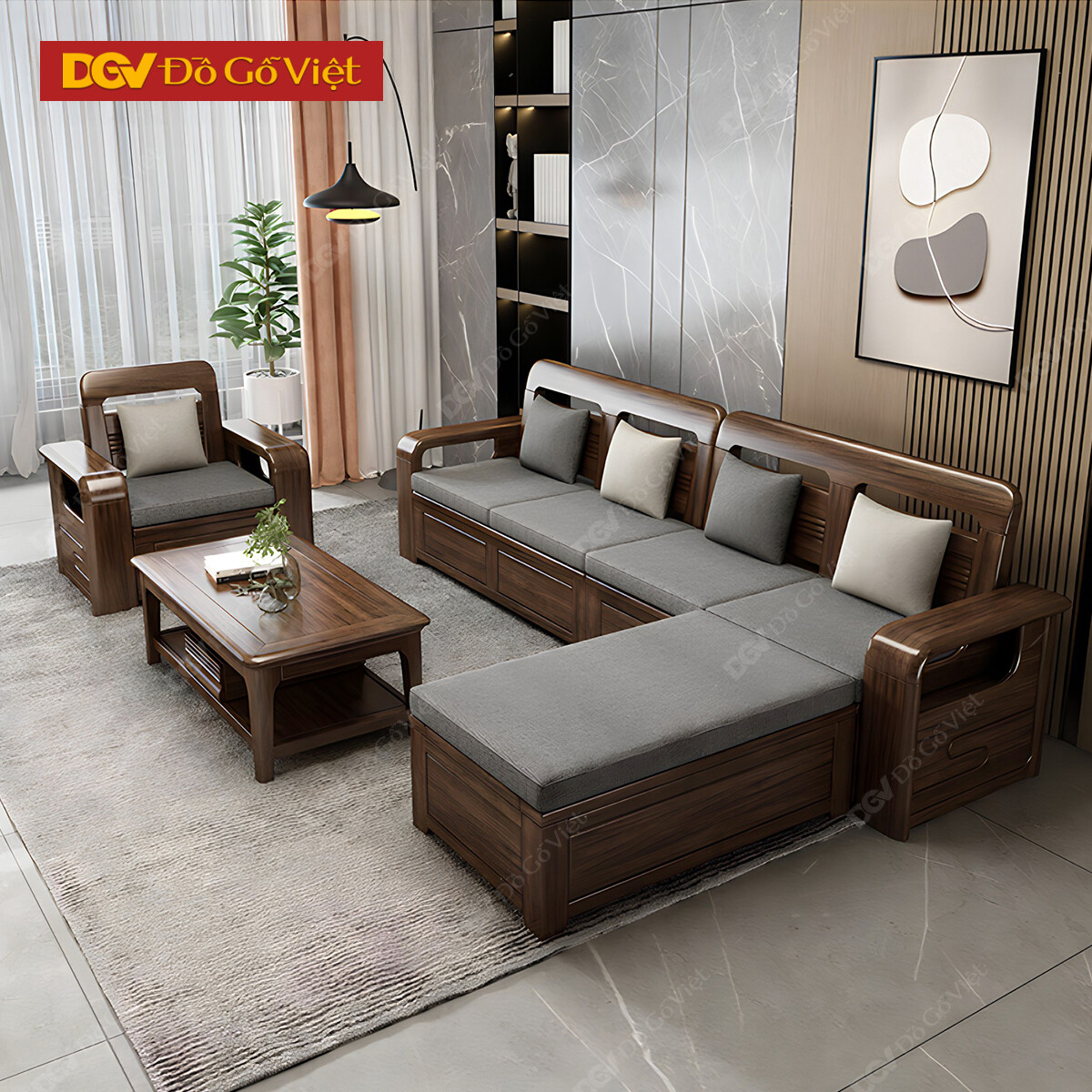 Bộ Sofa Gỗ Óc Chó Hiện Đại Bo Góc