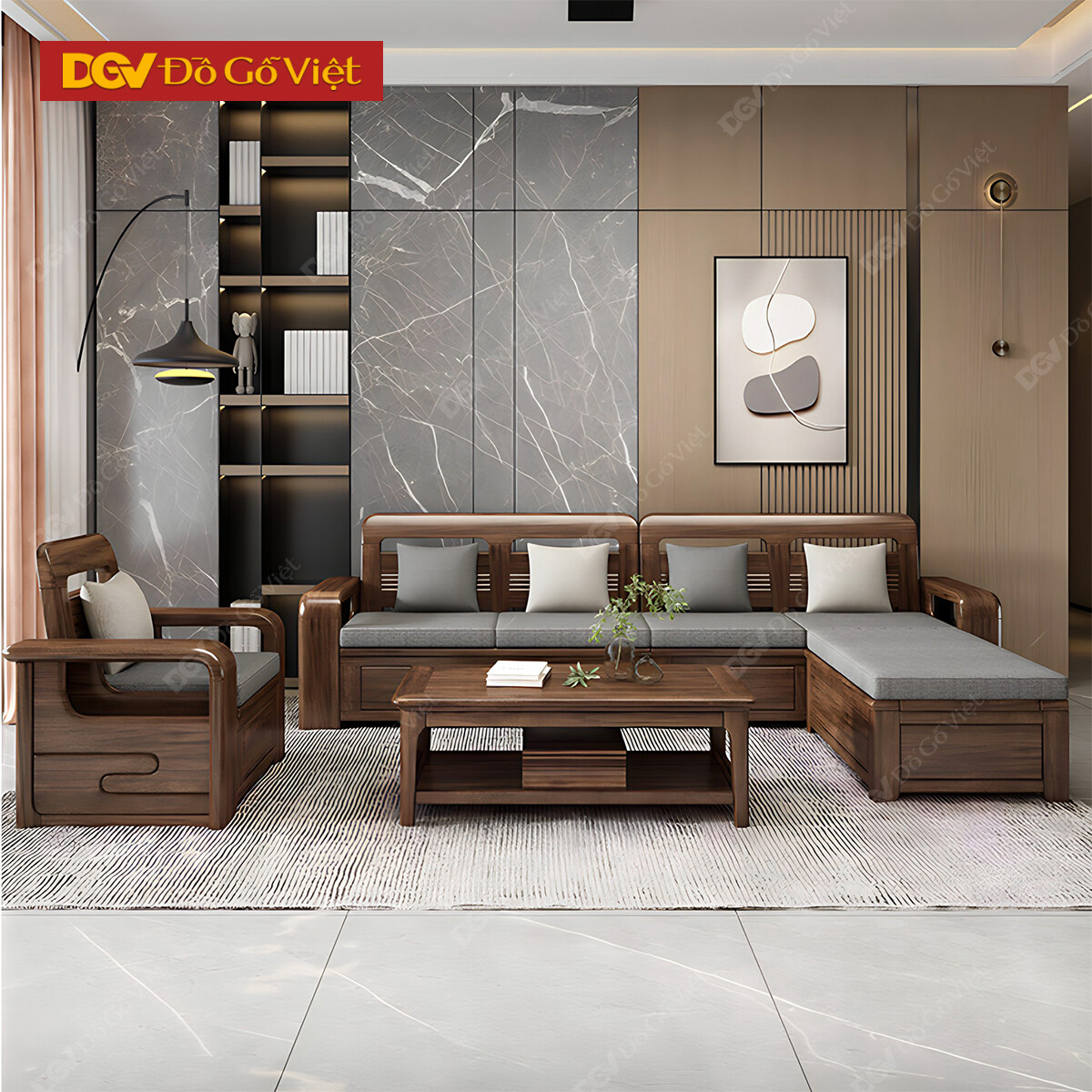 Bộ Sofa Gỗ Óc Chó Hiện Đại Bo Góc