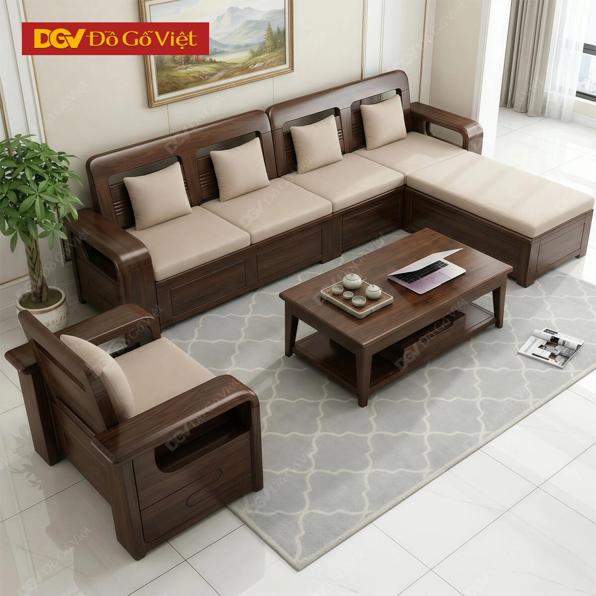 Bộ Sofa Góc L Phòng Khách Gỗ Lim Tựa Thoáng Khí Họa Tiết Sọc
