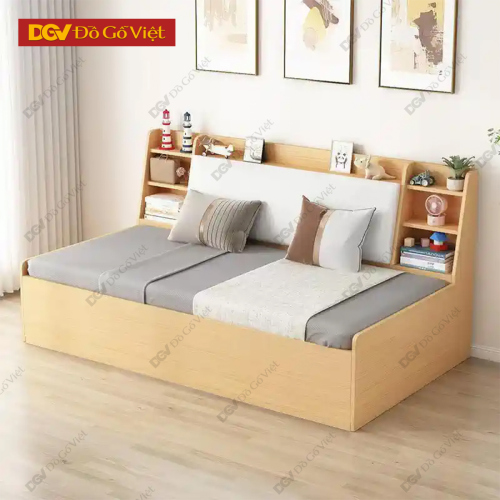 Sofa Giường Gỗ MDF Màu Vàng Sồi Nhỏ Gọn Kèm Kệ Tiện Lợi