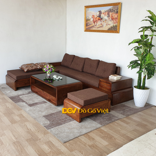 Sofa Góc L Phòng Khách Màu Óc Chó Chân Quấn Gỗ Sồi Nga Đẹp Giá Rẻ