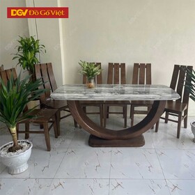 Bàn Ăn Mặt Đá Chân Bán Nguyệt Gỗ Sồi Nga 6 Ghế Sang Trọng