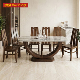 Bàn Ăn Mặt Đá Chân Bán Nguyệt Gỗ Sồi Nga 6 Ghế Sang Trọng