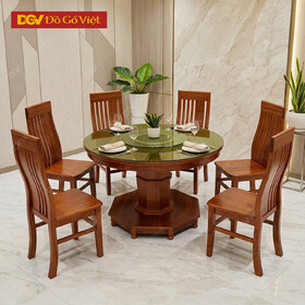 Bàn Ăn Tròn Mâm Xoay Gỗ Xoan Đào 6 Ghế