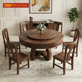 Bàn Ghế Ăn Gỗ Óc Chó Chân Chữ X Thiết Kế Mâm Xoay Tiện Nghi