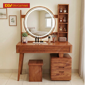 Bàn Phấn Gương Led Tròn Kèm Kệ Nhỏ Gỗ Hương Xám Chất Lượng