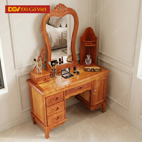 Bàn Trang Điểm Căm Xe Mặt Gõ Kính Cong 2 Thùng Có Kệ