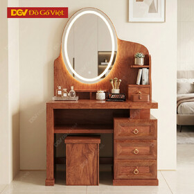 Bàn Trang Điểm Gỗ Hương Đá Gương Led Oval Kèm Hộc Kéo