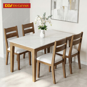 Bộ Bàn Ăn 4 Ghế Gỗ Sồi Thiết Kế Ốp Đá Ghế Tựa Nan Bọc...