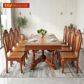 Bộ Bàn Ăn Căm Xe Mặt Gõ 8 Ghế Chân Sư Tử Hoàng Gia Đẹp