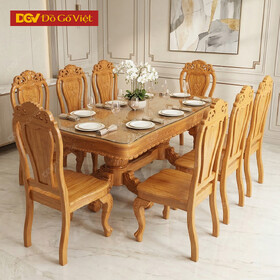 Bộ Bàn Ăn Gỗ Gõ Đỏ Chân To 1m9 8 Ghế