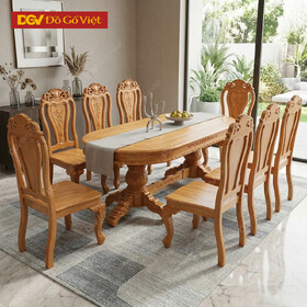 Bộ Bàn Ăn Oval Gỗ Gõ Đỏ Chân Trụ 1m9 8 Ghế