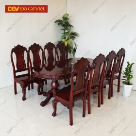 Bộ Bàn Ăn Tràm Mặt Hồng Đào Oval 8 Ghế Chạm Hoa Tây Đẹp