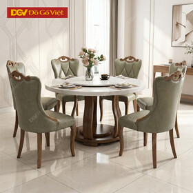 Bộ Bàn Ăn Tròn Chân Quạt 6 Ghế Nhập Khẩu Gỗ Sồi Mặt Đá Đẹp