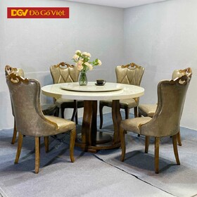 Bộ Bàn Ăn Tròn Chân Quạt 6 Ghế Nhập Khẩu Gỗ Sồi Mặt Đá Đẹp