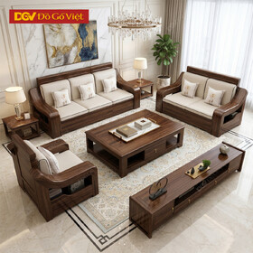 Bộ Bàn Ghế Sofa Gỗ Óc Chó Chân Bệt Tay Cong Lượn Nghệ Thuật