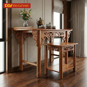 Bộ Bàn Thờ Gỗ Gõ Đỏ Phối Chân Tròn Khắc Dạ Triện Tinh Xảo