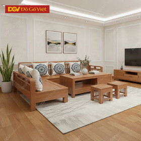 Bộ Sofa Gỗ Sồi Nga Góc L Lưng Tựa Nan Phong Cách Á Đông