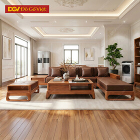 Bộ Sofa Góc Kèm Bàn Trà Gỗ Hương Vàng Chân Choãi Hiện Đại