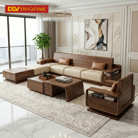 Bộ Sofa Góc L Gỗ Óc Chó Tự Nhiên Chân Bệ Giật Cấp Hiện Đại