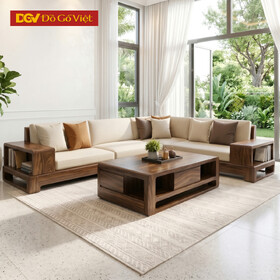 Bộ Sofa Hiện Đại Gỗ Óc Chó Chân Thuyền Vuông Tay Kệ Tiện ích