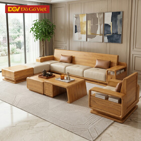 Bộ Sofa Phòng Khách Góc L Gỗ Sồi Mỹ Chân Giật Cấp Đẹp