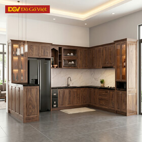 Bộ Tủ Bếp Dáng Chữ U Gỗ Óc Chó Phối Quầy Bar Sang Trọng