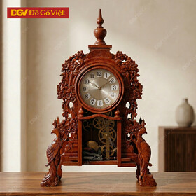 Đồng Hồ Để Bàn Gỗ Hương Đỏ Điêu Khắc Khổng Tước Khai...