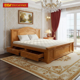 Giường Gõ Đỏ Veneer Tân Cổ Điển Có Ngăn Kéo Tiện Lợi