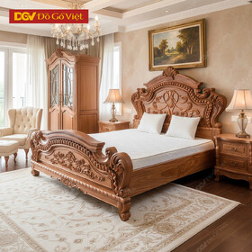 Giường Hoàng Gia Gỗ Gõ Đỏ Chạm Hoa Lá Tây Nghệ Thuật
