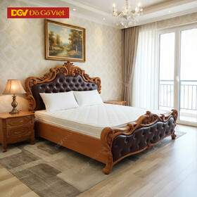 Giường Ngủ Cổ Điển Chạm Hoa Hồng Bọc Nệm Gỗ Gõ Đỏ Đẹp Giá Rẻ
